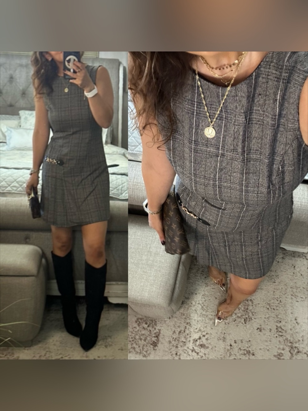 New🖤🍂 Chic Gray Plaid Sleeveless Pleated Mini Dress